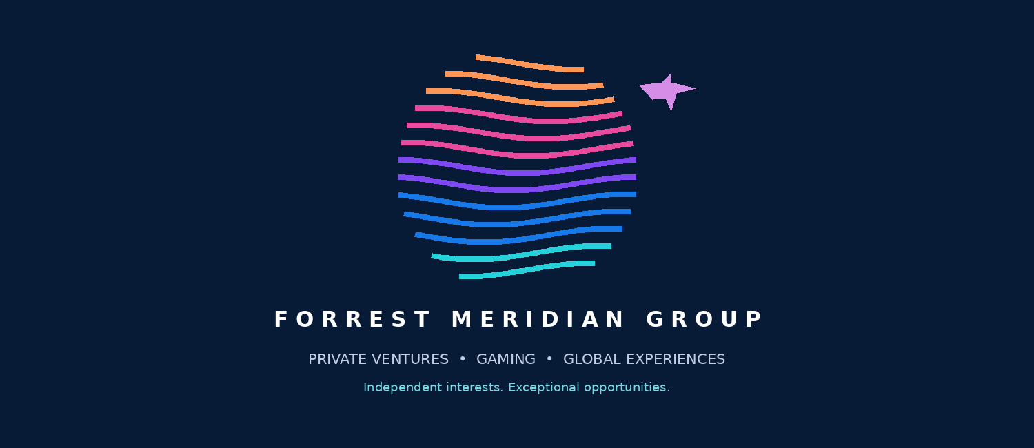 Forrest Meridian Group dark identity: colorful Meridian emblem and white wordmark on navy