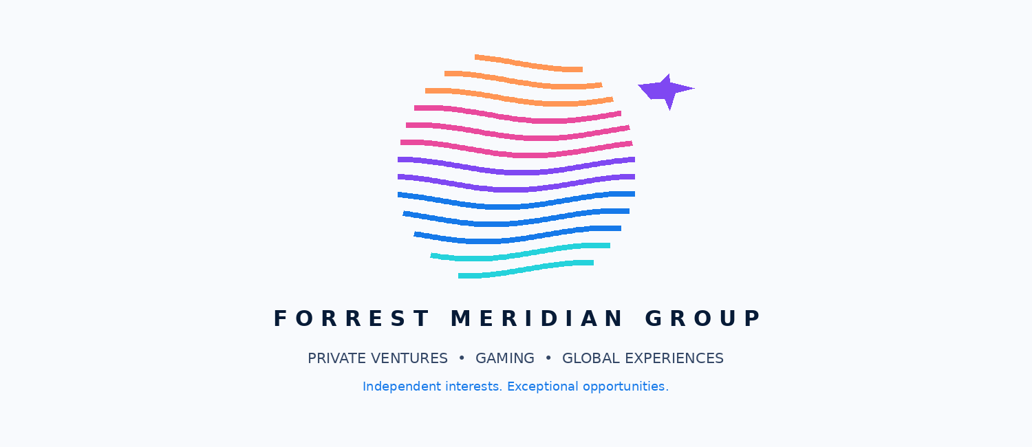 Forrest Meridian Group light identity: multicolor globe and aircraft above the group's name and positioning